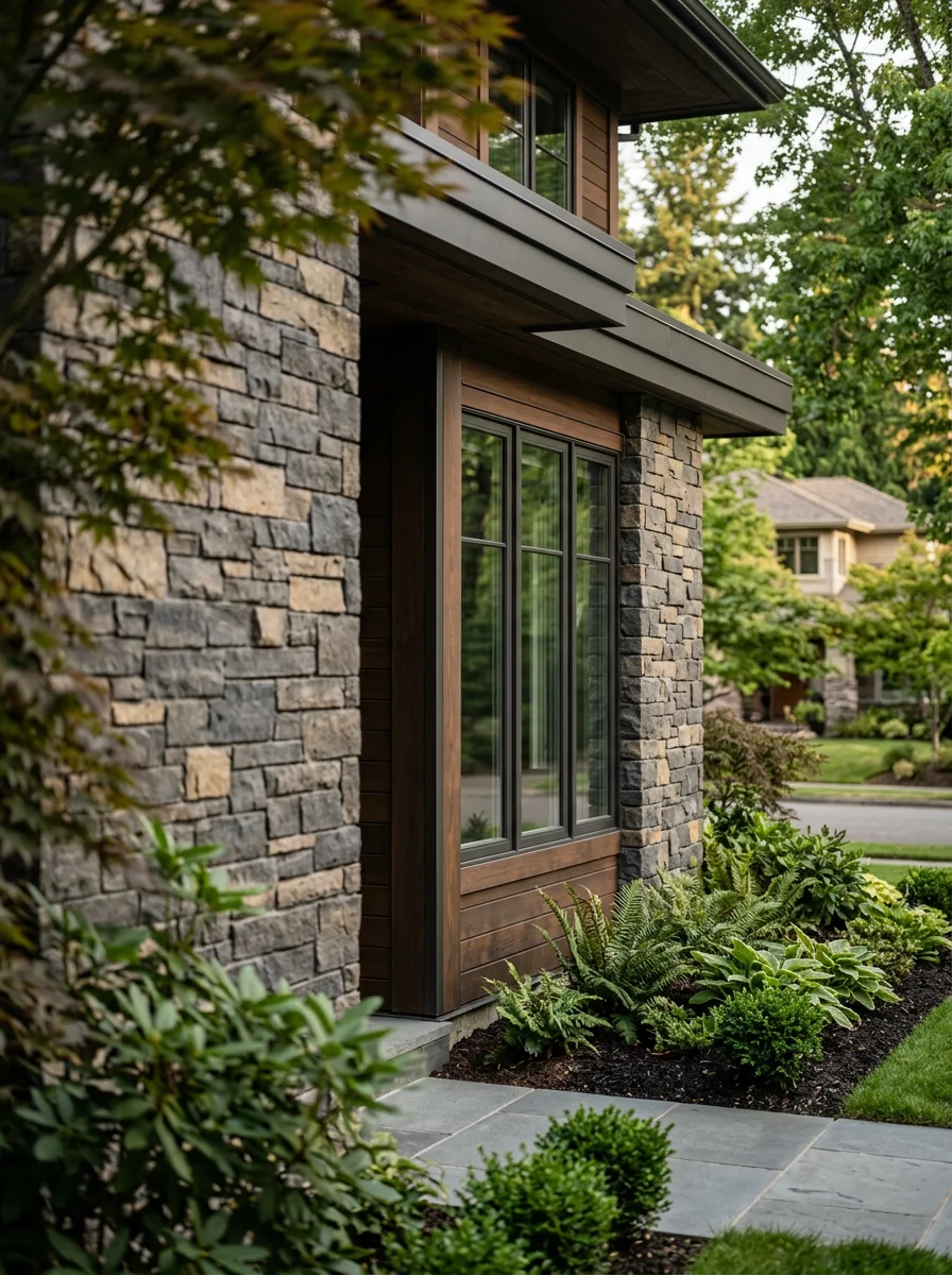 Detail of a high-end home exterior showing premium materials, quality craftsmanship, and refined design.