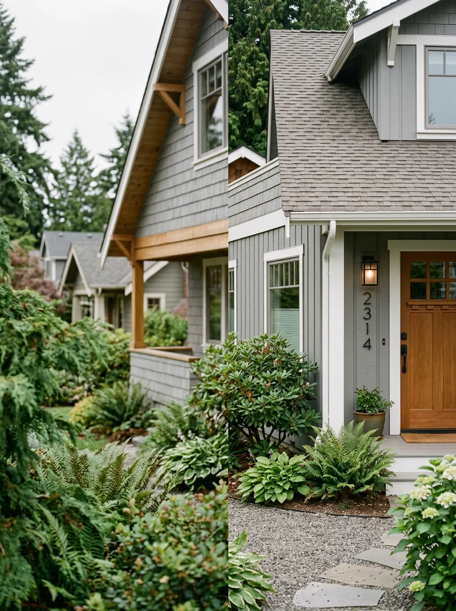Close-up of a residential home exterior in a Seattle or Tacoma neighborhood with mature landscaping.