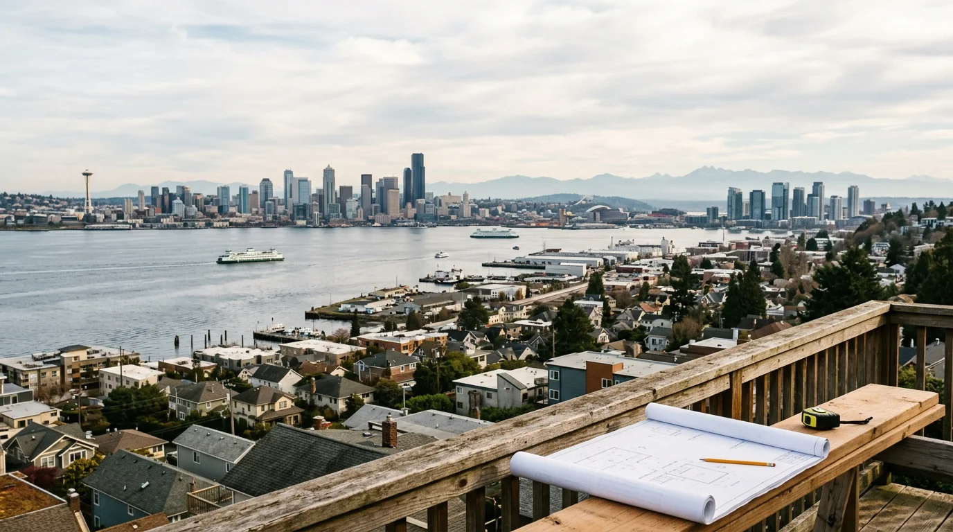 Wide view of Seattle skyline with Puget Sound waterfront and surrounding neighborhoods under clear sky.