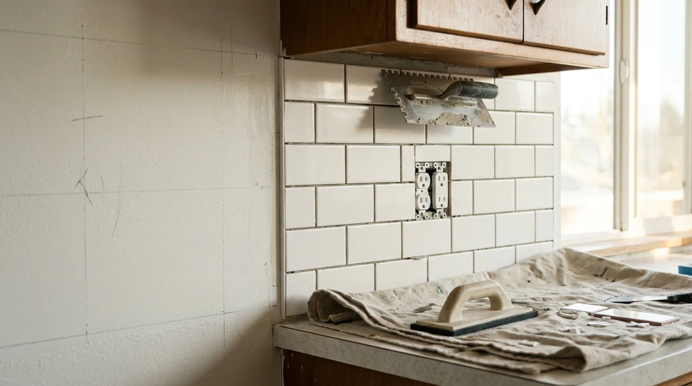 A freshly installed tile backsplash in a Tacoma kitchen, showing clean grout lines, precise cuts around a wall outlet, and tile running from the countertop to the upper cabinets. The finished wall sits behind a kitchen sink in a Pacific Northwest home with natural light coming through a nearby window.