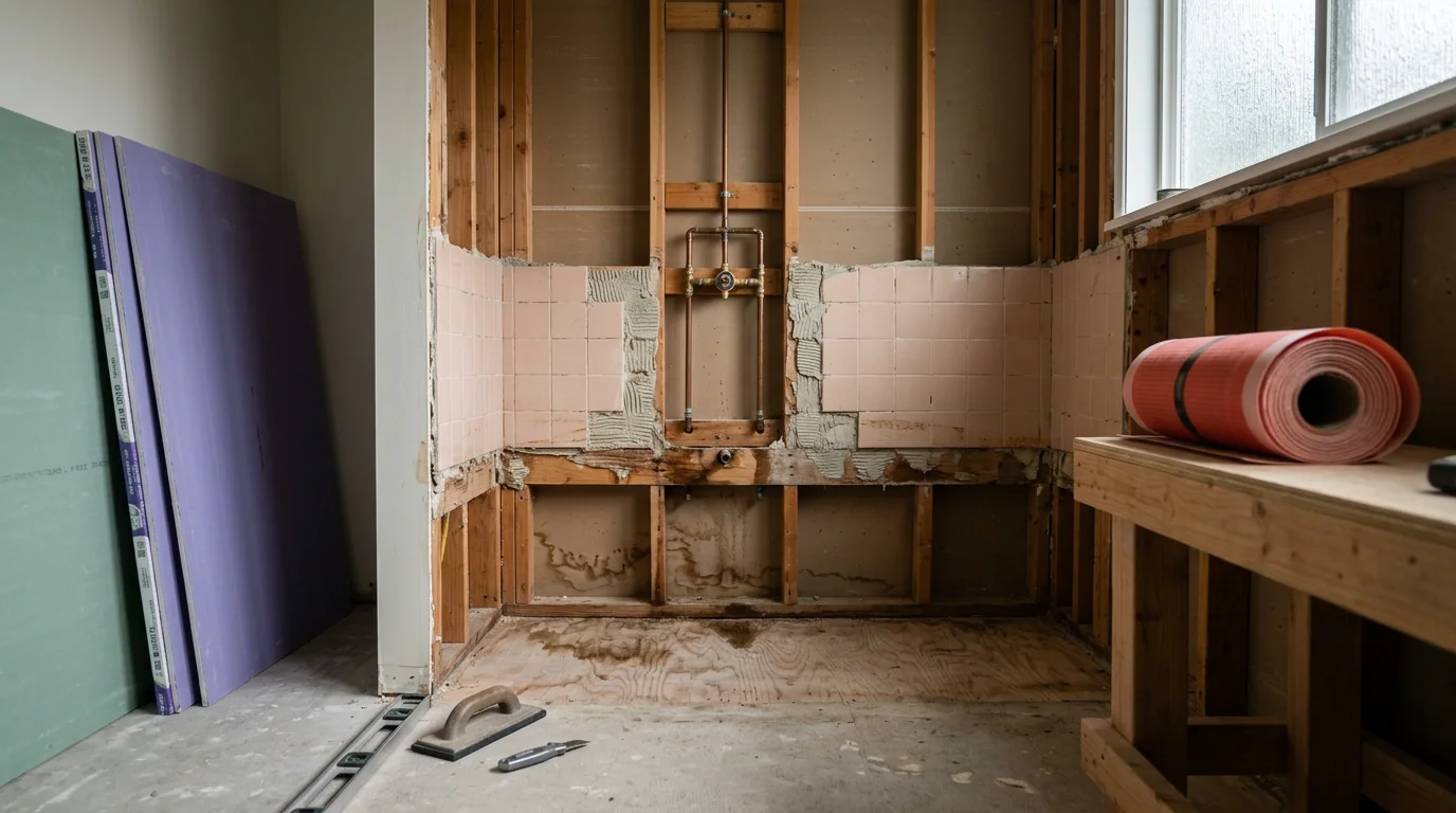 A finished bathroom remodel in a Tacoma home showing new floor tile, a replaced vanity, and an updated walk-in shower with clean wall tile. The space reflects practical upgrades suited to the Pacific Northwest climate.