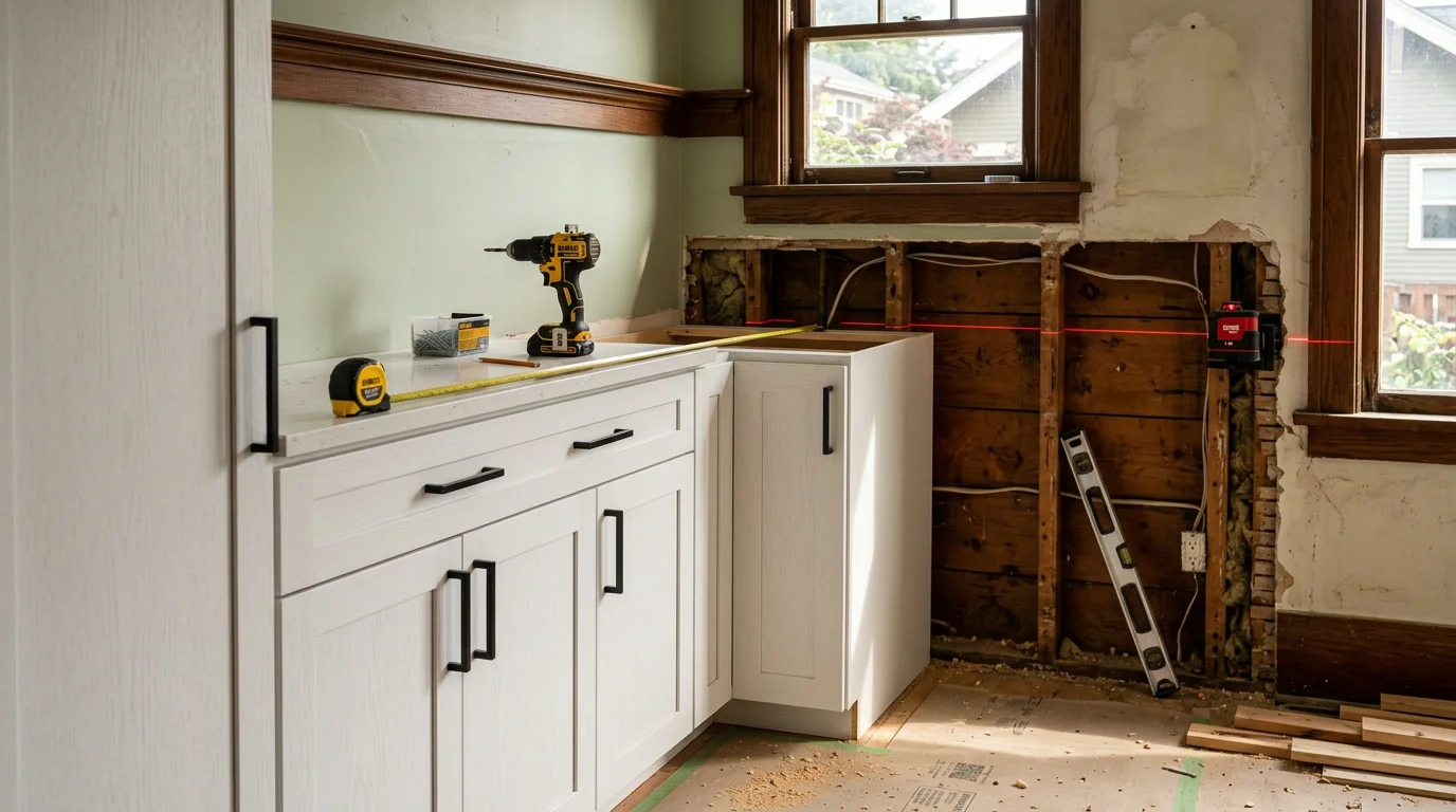 Newly installed white shaker kitchen cabinets with open shelving in a remodeled Tacoma home. Base and wall cabinets are aligned and hardware-fitted, with space prepared for countertop installation.