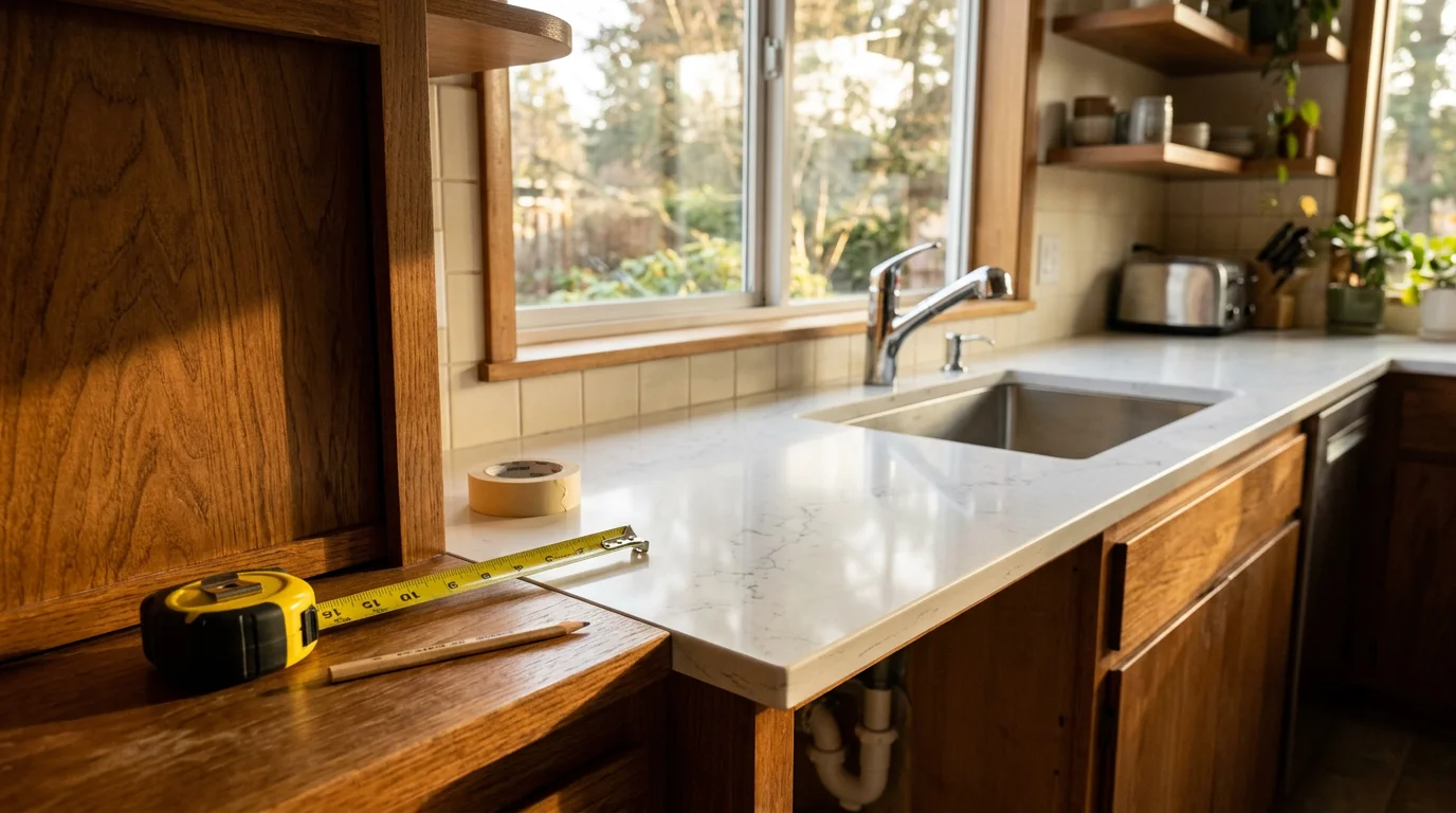 Newly installed kitchen countertop with clean edge finishing and undermount sink cutout in a Tacoma home. The surface is fitted flush against the cabinets with no visible gaps or uneven seams.