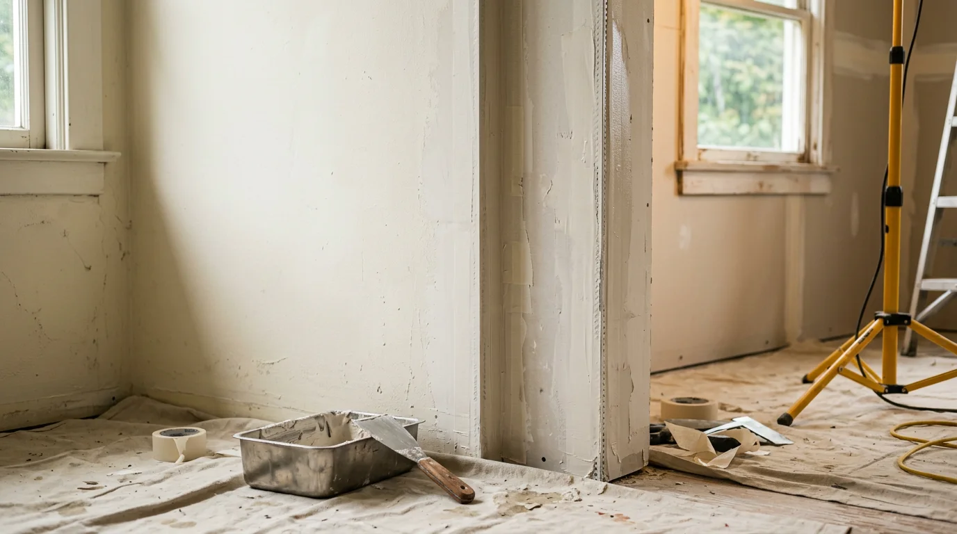 A freshly drywalled interior room in a Tacoma home showing smooth, taped, and mudded walls ready for paint. A contractor's tools and a clean worksite are visible in the background.