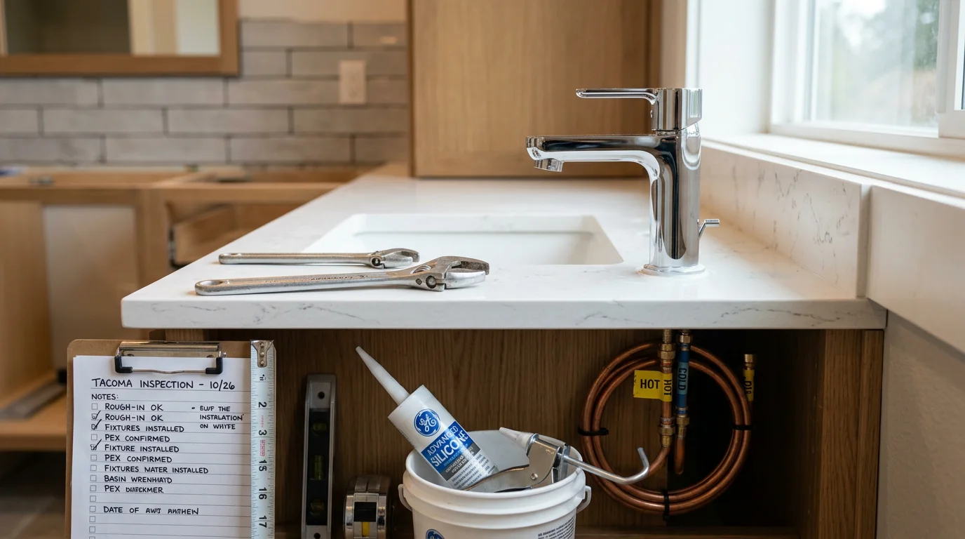 A newly installed bathroom vanity sink and faucet in a Tacoma home, showing clean supply line connections and a finished countertop surround. The updated fixtures replace original 1960s hardware as part of a kitchen and bath remodeling project by Nate One Call LLC.