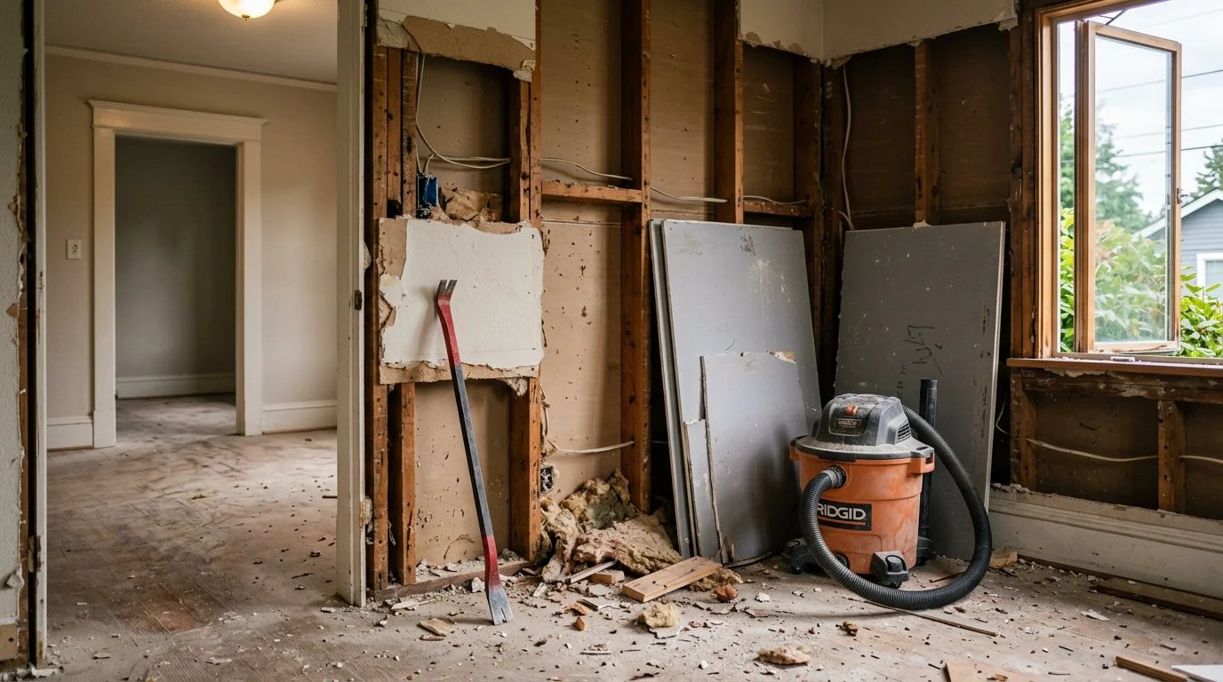 Interior demolition in progress inside a Tacoma home, with walls stripped to the framing and flooring removed down to the subfloor. A clean, cleared room ready for remodeling work by Nate One Call LLC.