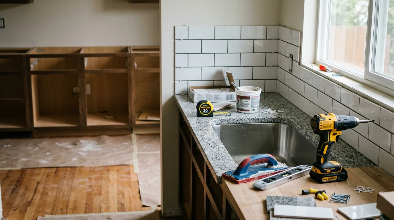 A remodeled kitchen in a Tacoma home featuring updated cabinetry, new countertops, and modern lighting. The space shows an open layout typical of older Pacific Northwest homes renovated by Nate One Call LLC.