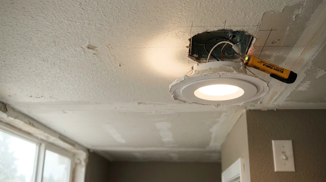 A licensed electrician from Nate One Call LLC installing a ceiling light fixture in a residential room in Tacoma, Washington. The finished fixture is mounted flush to the ceiling with clean wiring and proper box support visible during the installation process.