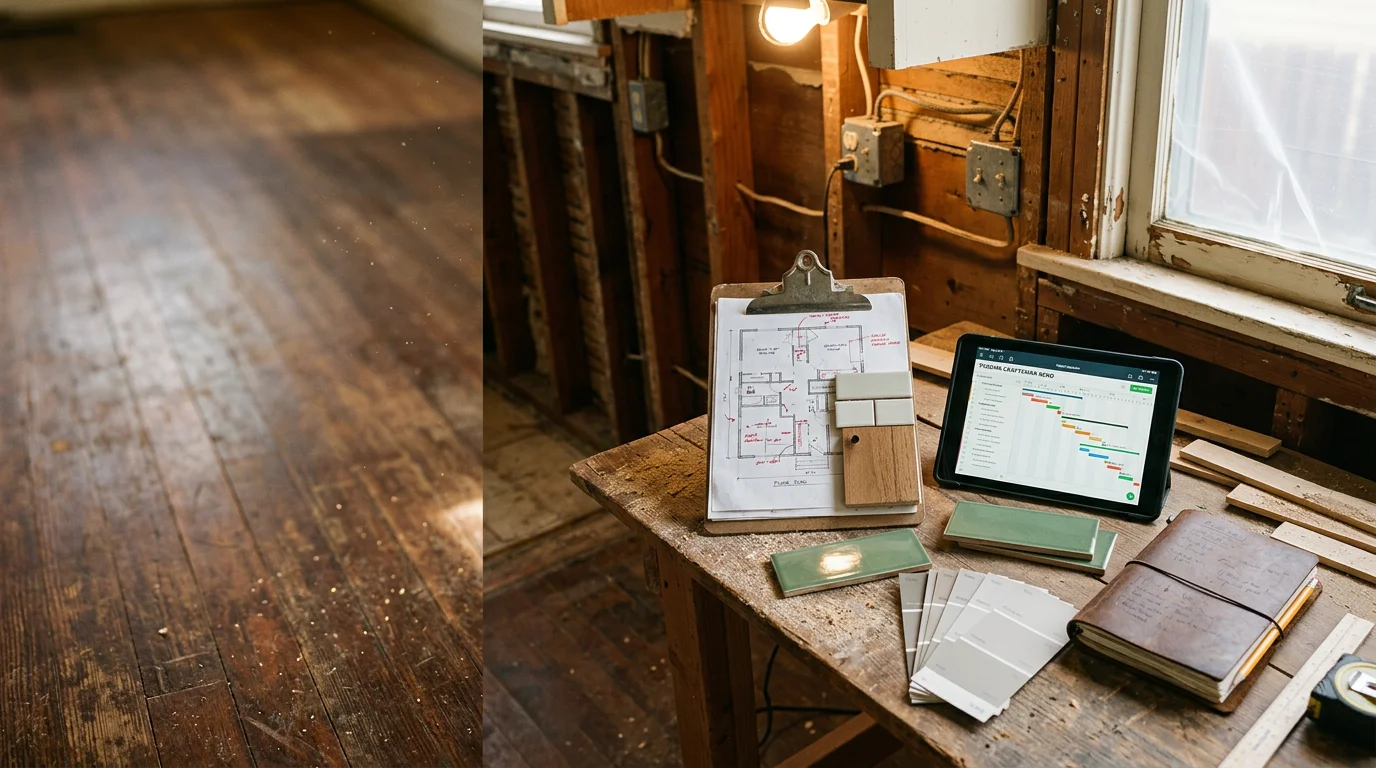 A Nate One Call LLC project manager reviewing remodeling plans on a job site inside a Tacoma home undergoing renovation. Framed walls and coordinated trade work are visible in the background.