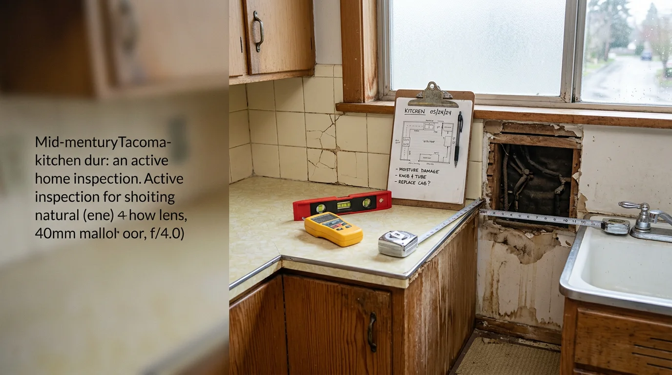 A remodeling contractor reviewing an older home interior with a Tacoma homeowner during a pre-project consultation. The room shows original wood framing and dated finishes typical of Pacific Northwest housing stock.